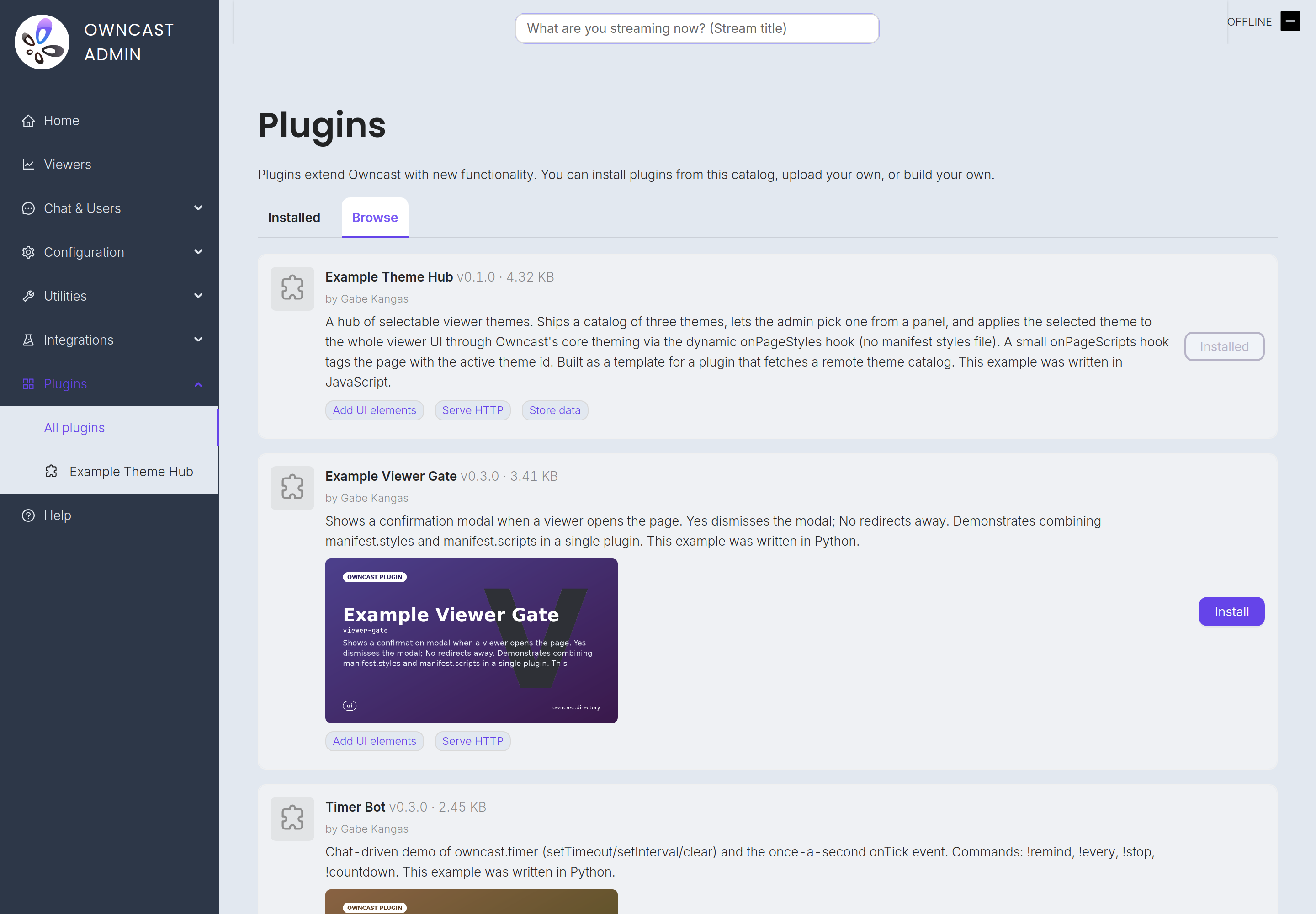 The plugin catalog in the Owncast admin Browse tab