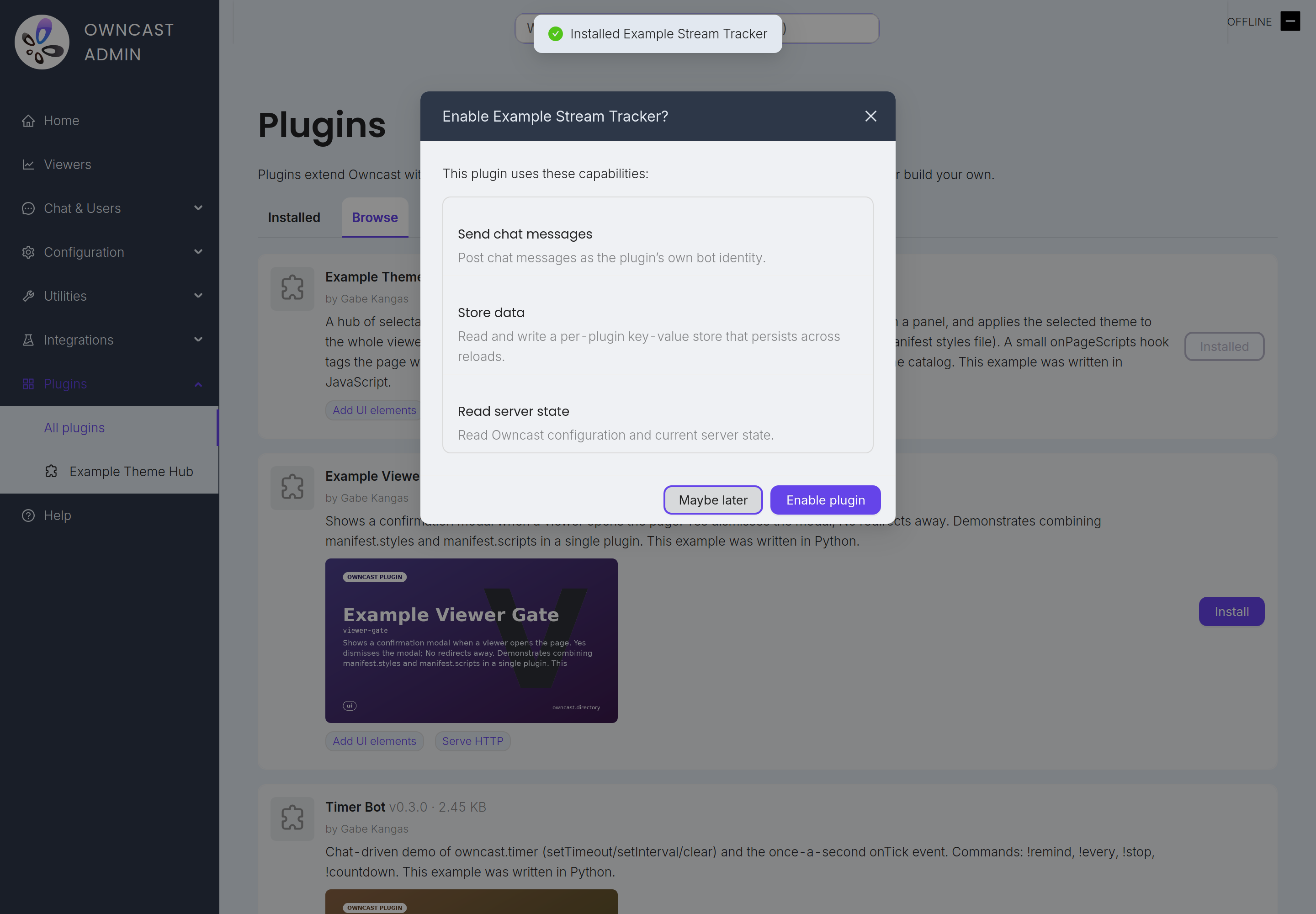 The permission prompt Owncast shows when you install a plugin