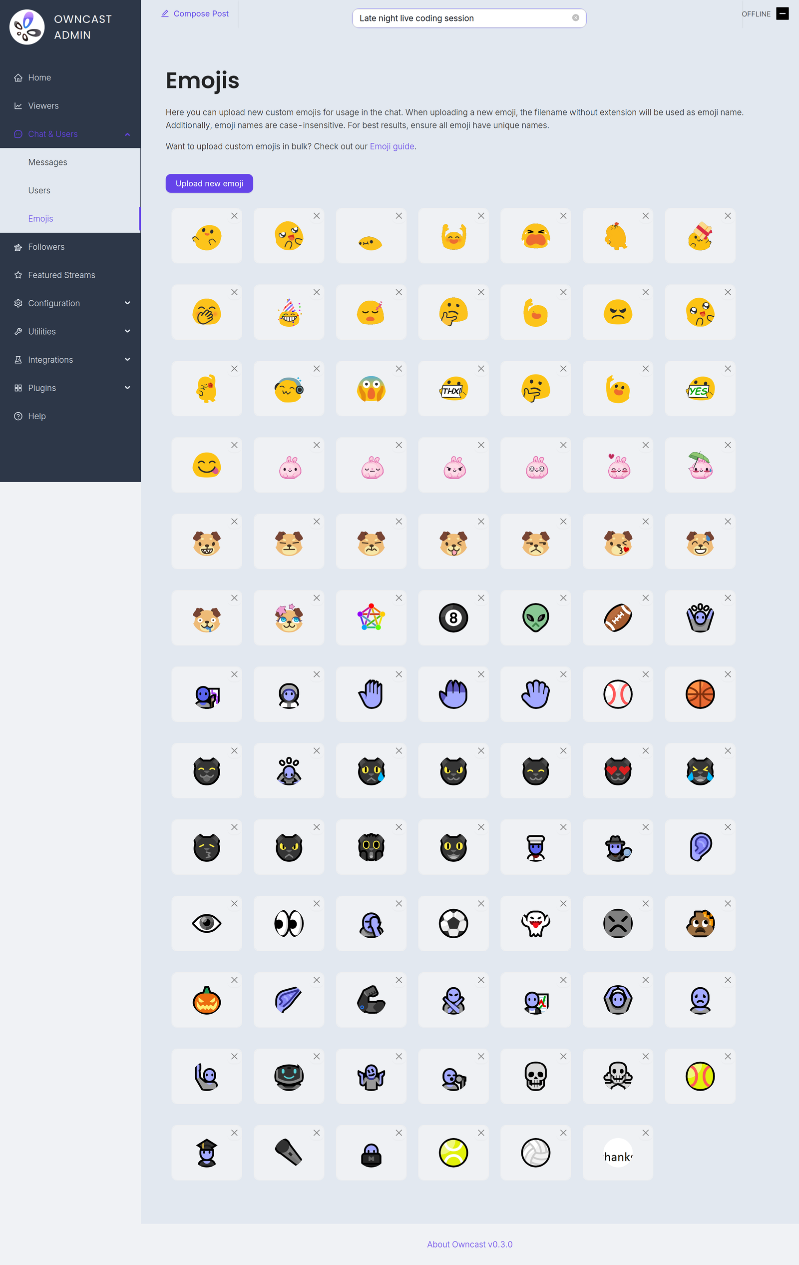 The custom emoji page in the admin, with an Upload new emoji button above a grid of the currently installed emoji