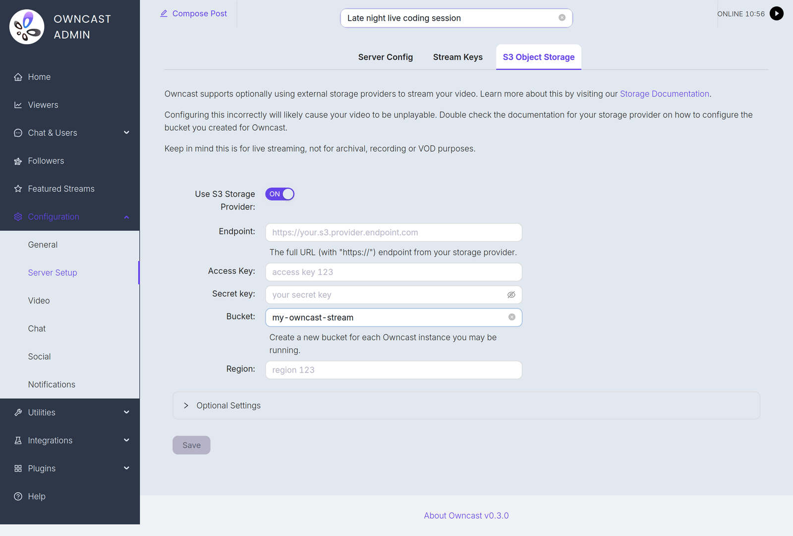 The S3 Object Storage tab of the Server settings page, with fields for the endpoint, access key, secret key, bucket, and region
