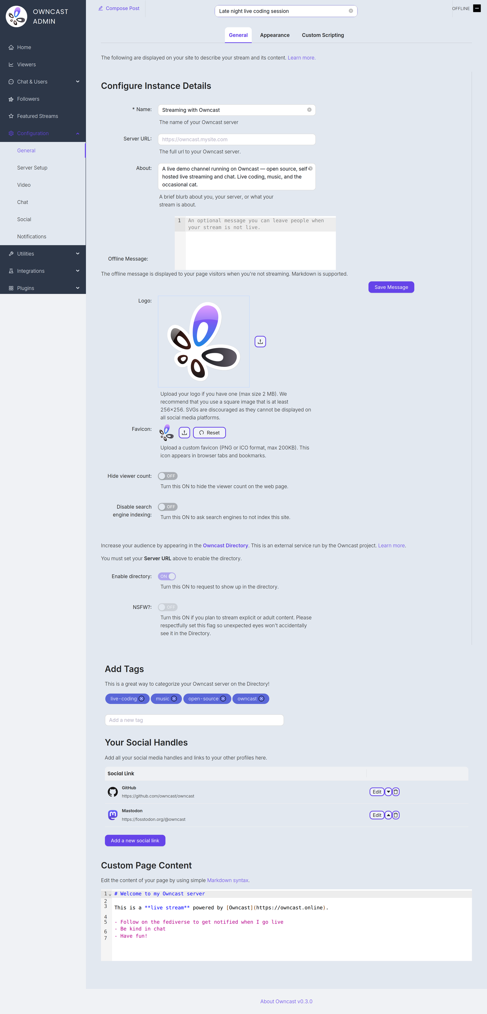The General settings page in the admin, with fields for the instance name, description, logo, tags, social links, and custom page content